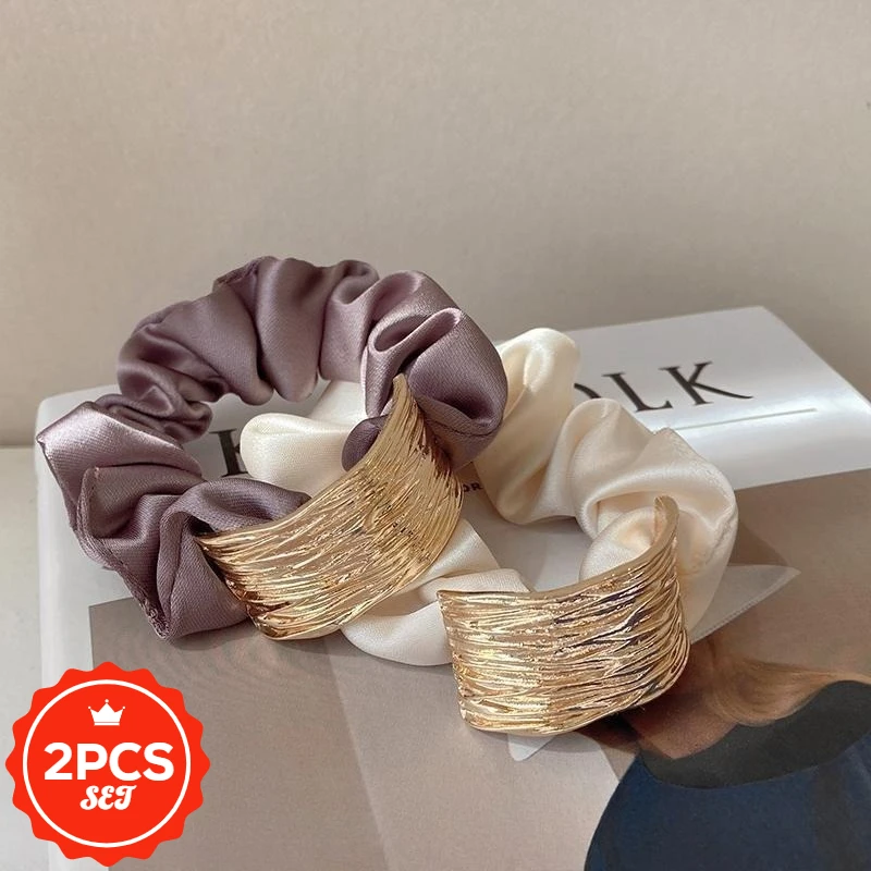 

2Pcs/set New Elegant Metal Large Intestine Women's Hair Tie Ponytail Leather Stretching Hair Rope Fashion Hair Elastic