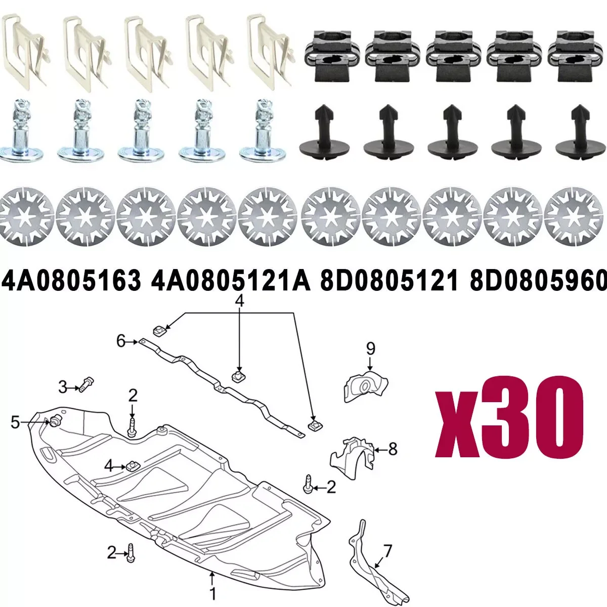 

30Pcs Car Undertray Engine Underbody Trim Clips For Audi A4 A6 A8 Screw Fitting Auto Fastener Clip Accessories 4A0805121A