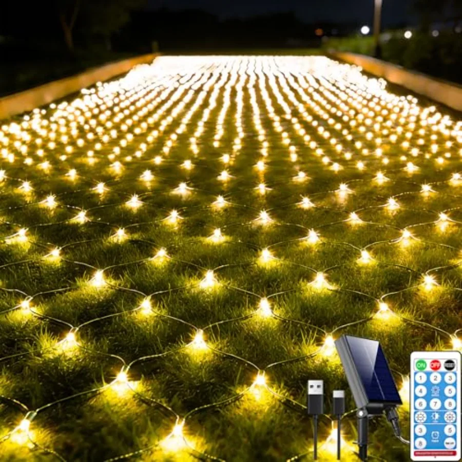 21Feet x 5Feet Solar Net Lights, 360LED Christmas Net Lights Solar and USB Powered, Waterproof Mesh String Lights 8 Modes Green