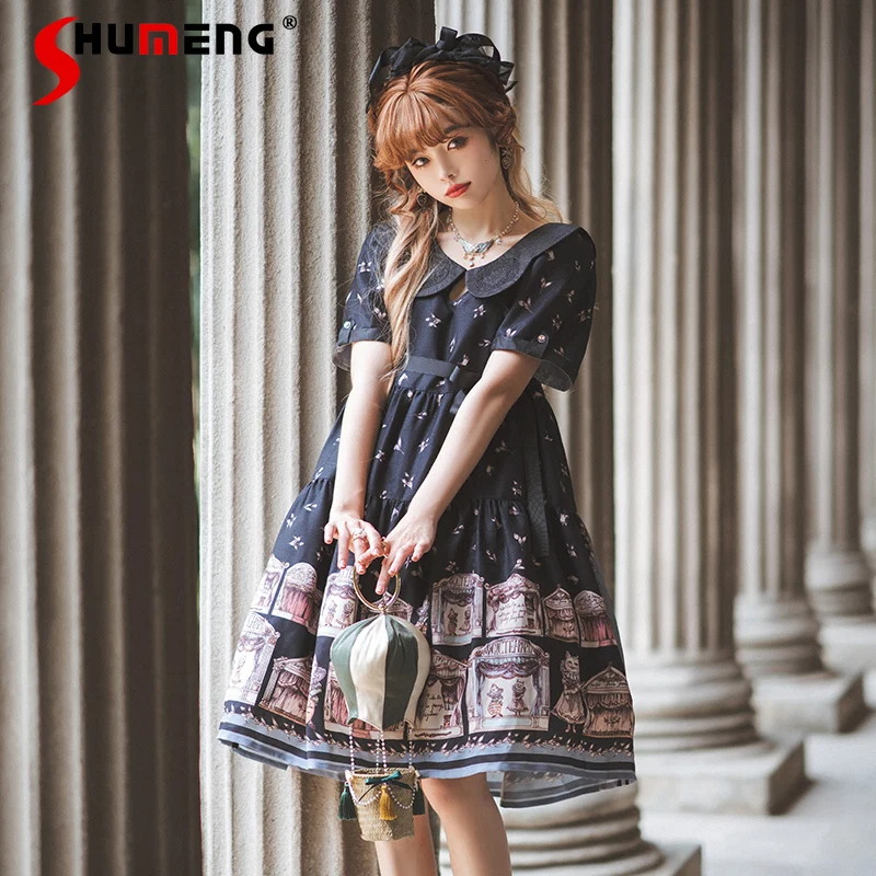 

Japanese Style Retro Elegant Doll Collar Bubble Sleeves High Waist Lace-up Bow Slim Fit A-line Printed Lolita Short Dress Women