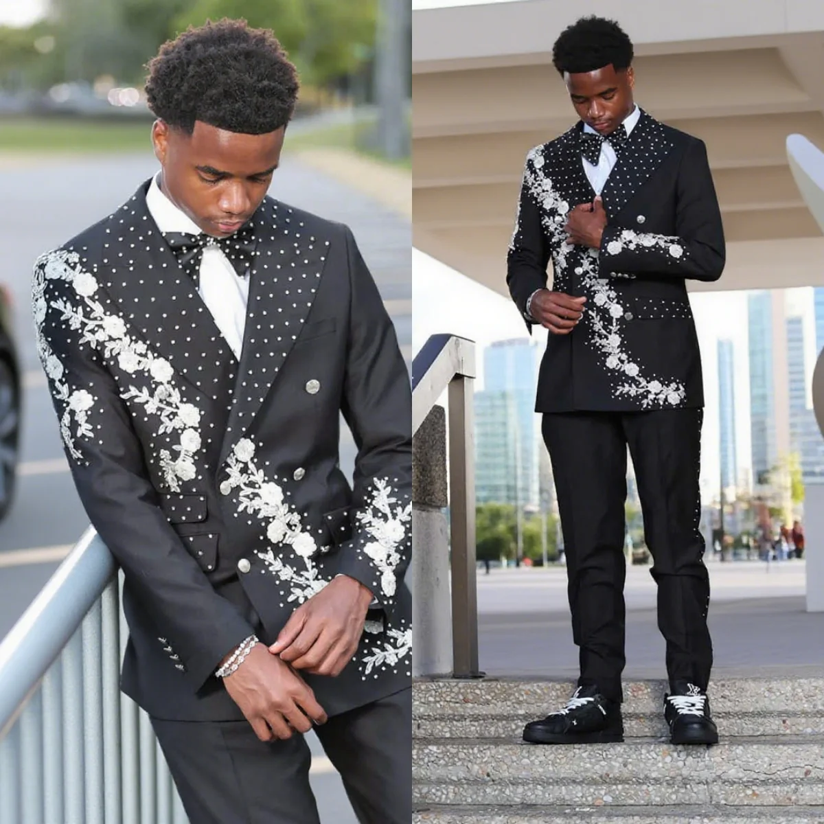 

Designer Appliques Men Suits For Wedding Peaked Collar Double Breasted Tuxedos Groom Party 2 Pcs Blazer Pants Customized Suit