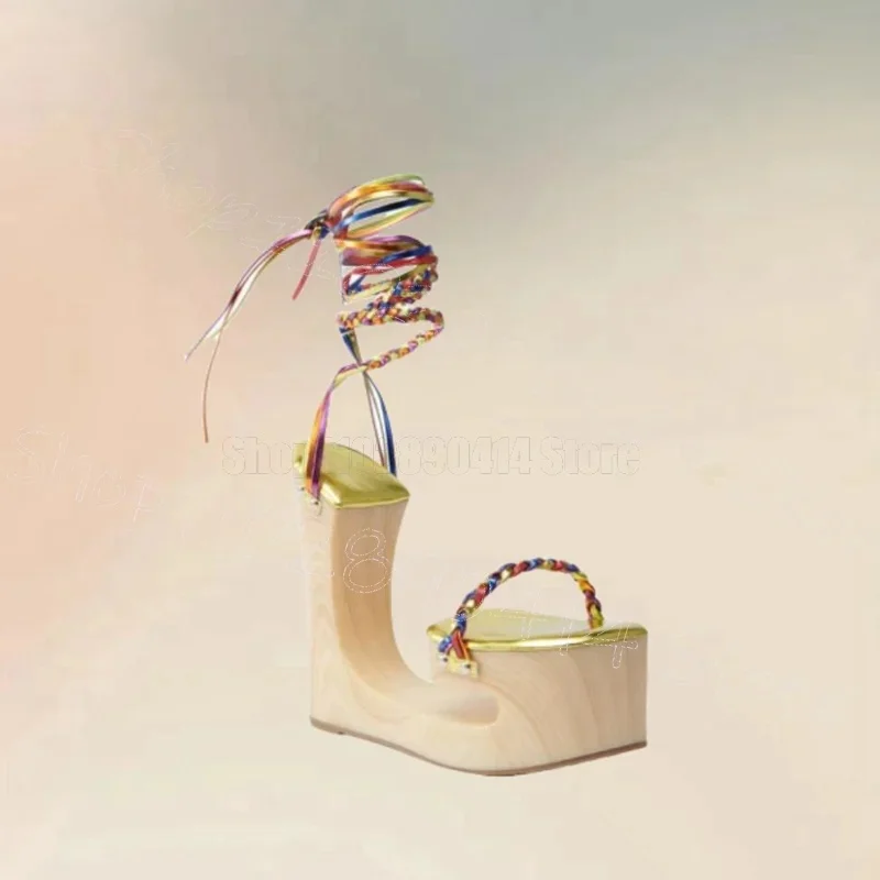 

Colorful Knitted Design Wooden Strange Style Heel Sandals Lace Up Women Shoes Novel Party Feast Dating 2025 Zapatos Para Mujere
