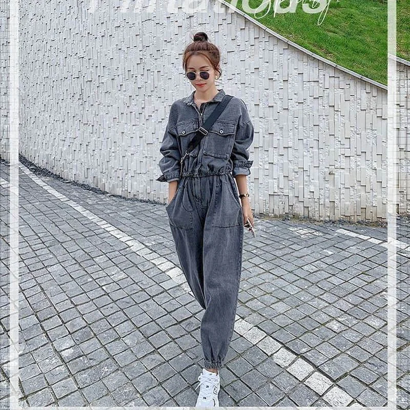 Denim Jumpsuits for Women Long Sleeved Korean Style Harajuku Overalls One Piece Outfit Women Rompers Casual Vintage Playsuits