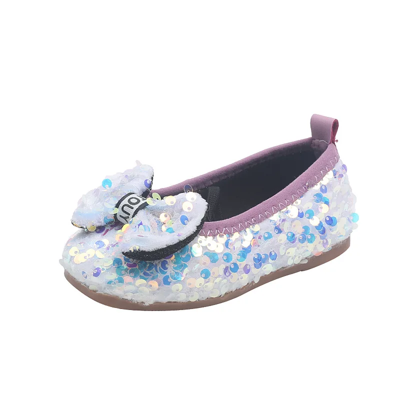 Children\'s Sequins Leather Shoes for Girls Sweet Bowtie Princess Shoes Fashion Non-slip Flats Kids Soft Bottom Performance Shoes