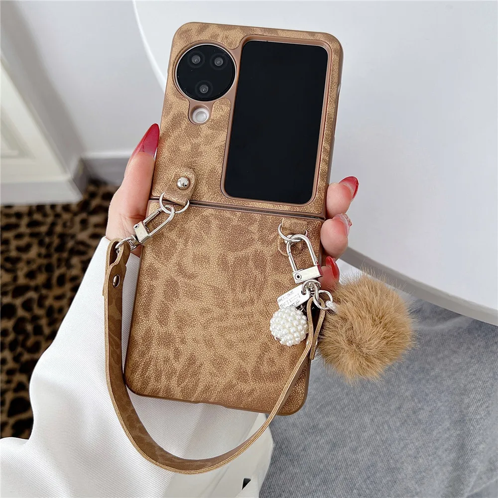 Luxo leopardo impressão pulseira caso para motorola razr50 ultra caso oppo encontrar n3flip caes huawei pocket2 nova flip capa v flip