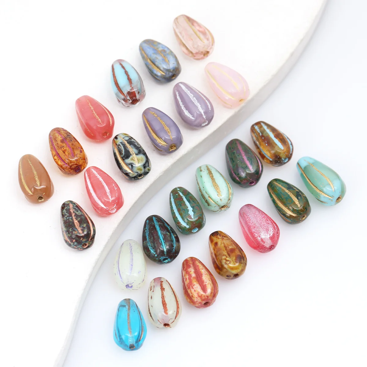 4pcs/8pcs Random Color Gold Lined Teardrop Glass Beads, 8×13mm Vintage Mottled Water Drop Loose Spacer Beads