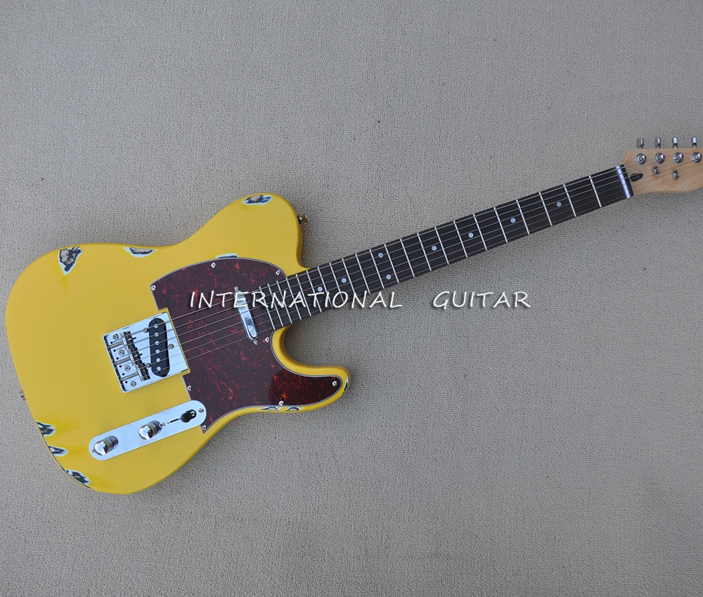 6 Strings Relic Yellow Electric Guitar with Red Pickguard,Rosewood Fretboard