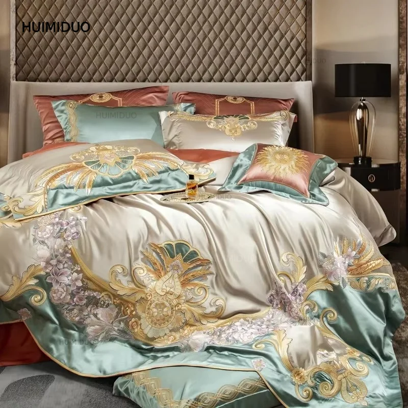 4/6/9Pcs Gorgeous Vintage Flowers And Gold Embroidery Bedding Set Brocade Egyptian Cotton Duvet Cover Set Bed Sheet Pillowcases