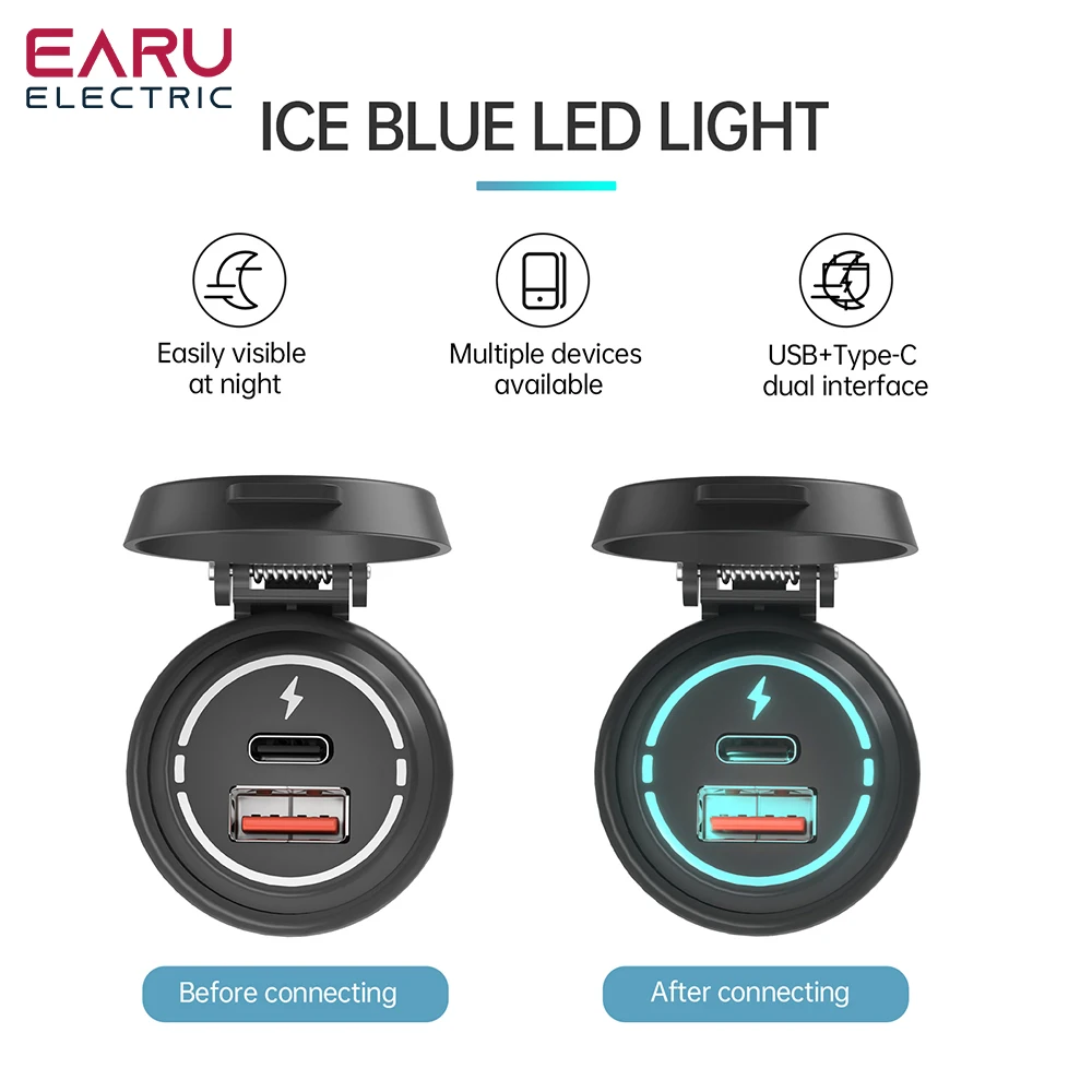 12V/24V Car USB Charger Socket PD Type C + QC 3.0 Power Outlet with Spring Cover Dual Ports Fast Charging for Motorcycle ATV RV