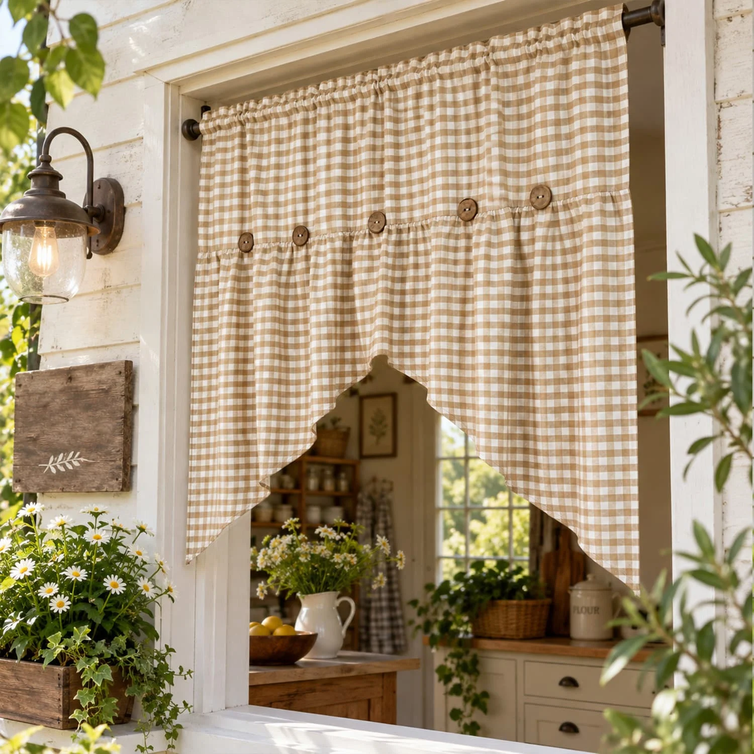 1pc Farmhouse Gingham Swag Valance with Buttons, Vintage Plaid Cafe Curtains,Rod Pocket Kitchen Sink Small Window Treatments