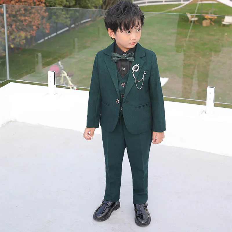 Flower Boys Formal Wedding Dress Children Dark Green Photograph Suit Kids Tuxedo Party Wear Teenager Graduation Birthday Costume