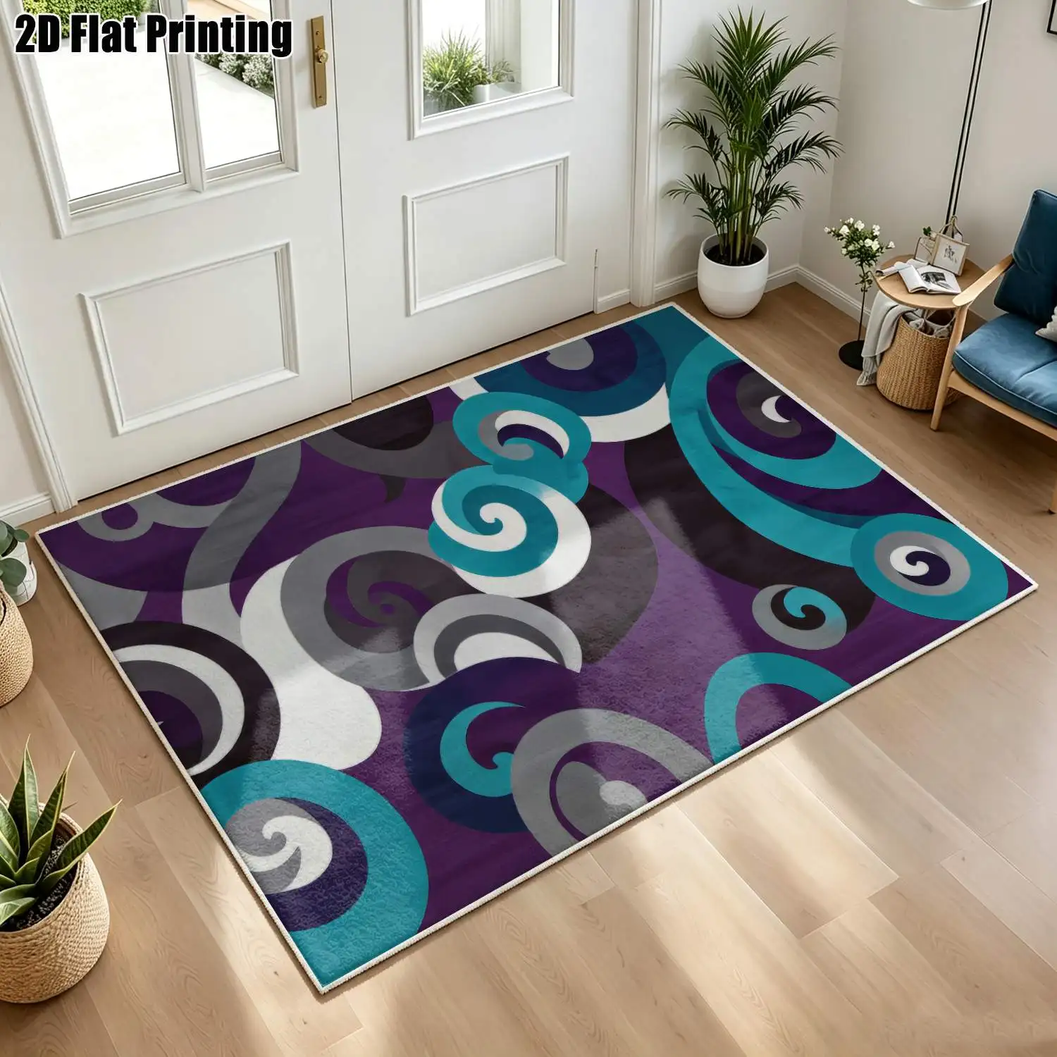 1Pc 2D Printed Velvet Carpet with Blue-Purple Spiral Pattern Nordic/Instagram-Style, Modern Minimalist Vintage Geometric Abstract Floor Mat, Machine Washable, Multi-Size, for Entrance, Dining, Foyer, Bedroom, Living Room Home Decor