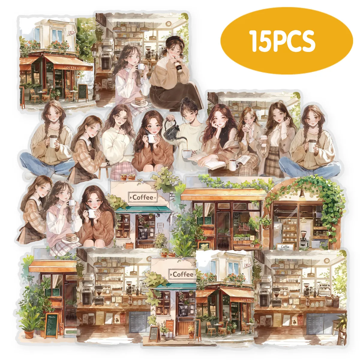 15pcs Flower House Girl Stickers for Laptops Water Bottles Phone Cases Suitcases DIY Scrapbooks Gift Boxes Stationery