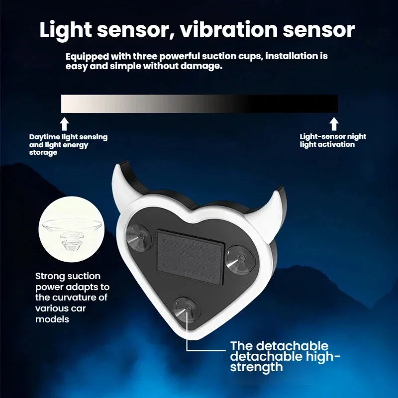 Lampa LED w kształcie serca diabła na szybę samochodu zasilana energią słoneczną, mocowana na przyssawkę, bezprzewodowa, ładowana przez USB, tworząca atmosferę neonową.