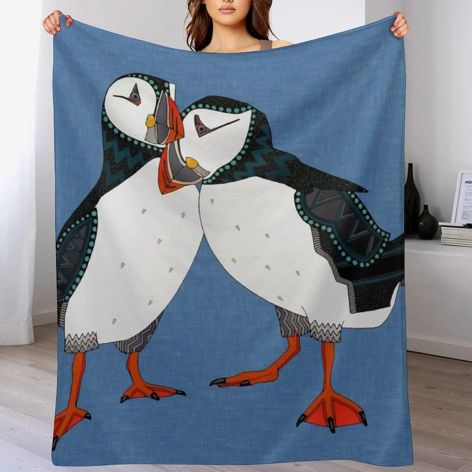 

puffin pair blue Throw Blanket Fashion Sofas anime Hairy Blankets Sofas Of Decoration Blankets