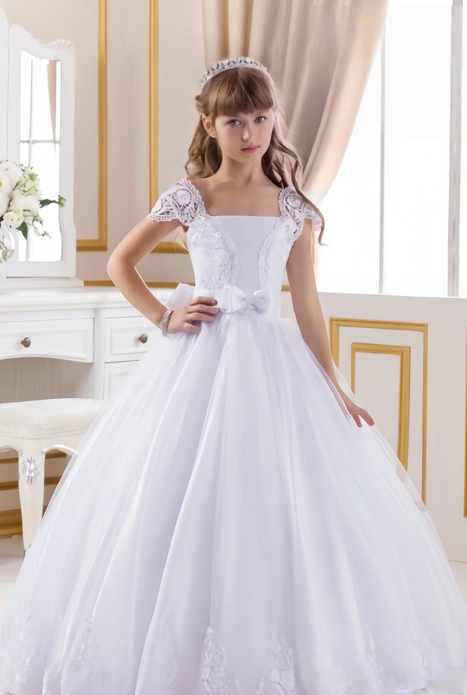 2025 Mop The Floor Tutu Ball Gown Lace Bow Tie Gorgeous Flower Girl Dresses For Formal Parties Receptions Dance Performances