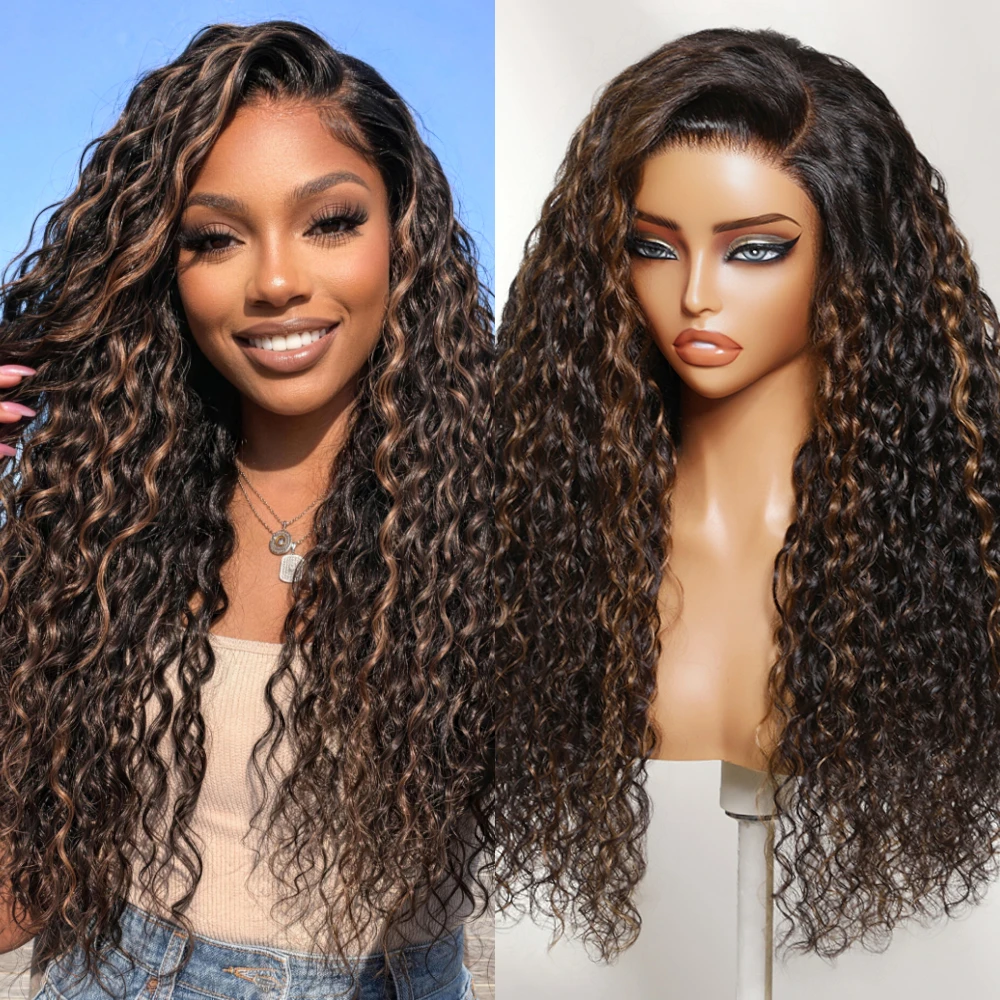 UNice Golden Brown Highlights Water Wave Wig Bye-Bye Slip™ 7x5 Lace Glueless Human Hair Drawstring Wig 150% Density