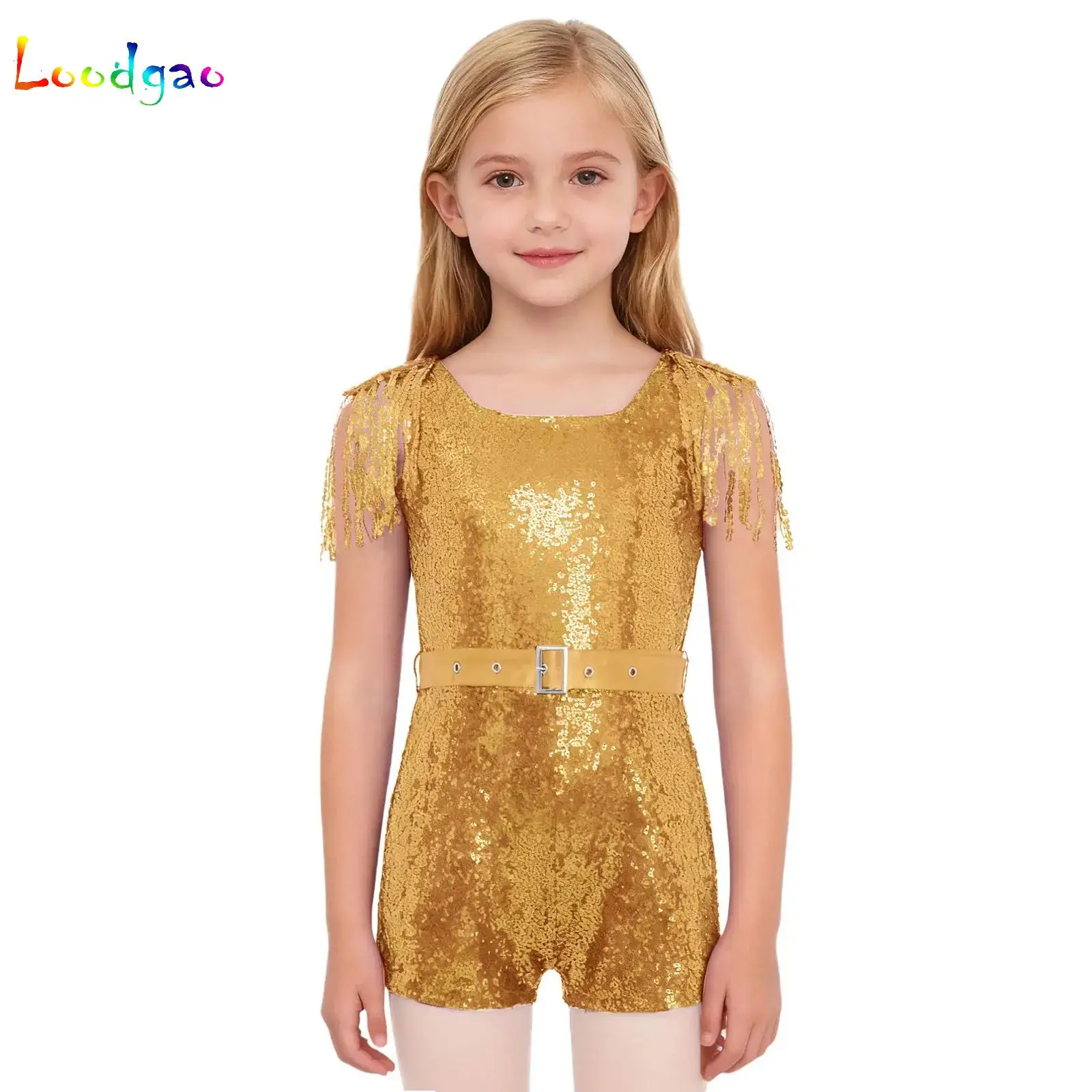 

Kids Girls Shiny Sequins Tassels Bodysuit Pageant Romper Sleeveless Short Jumpsuit Performance Party Gymnastic Ballet Dancewear