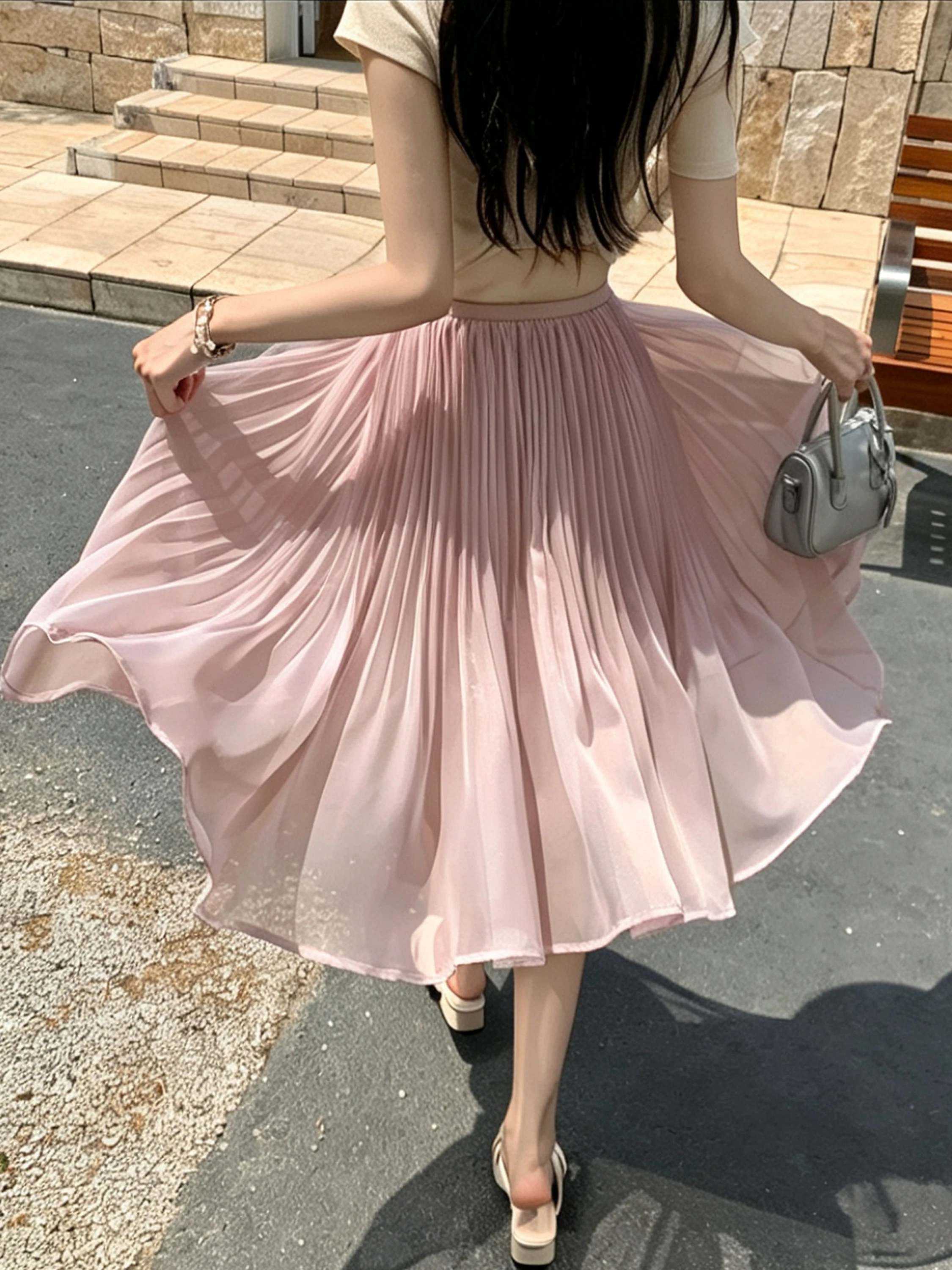 

Chiffon A-Line Skirt Women's Summer Slimming Casual Versatile Fish Tail Half-length Net Gauze Pleated Elastic Waist Fullness