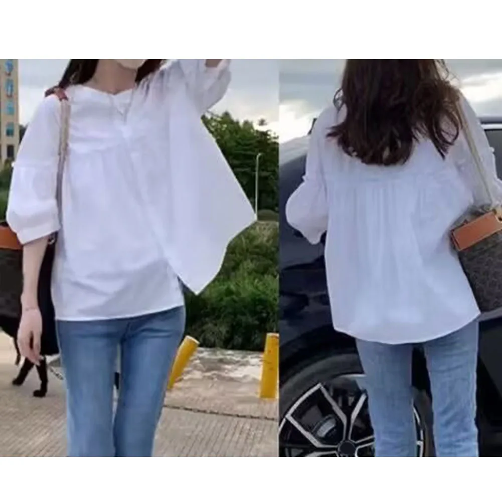 Camisa casual de verão para mulheres, manga curta, gola frontal com botões, feita com mistura de poliéster e elastano, leve e confortável