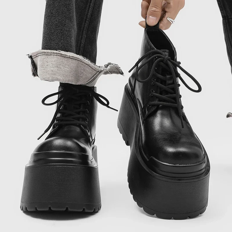 Mens Round Toe Ankle Boots Black Matte Upper Lace Up Ultra Thick Platform Lug Sole Punk Gothic Street Shoes