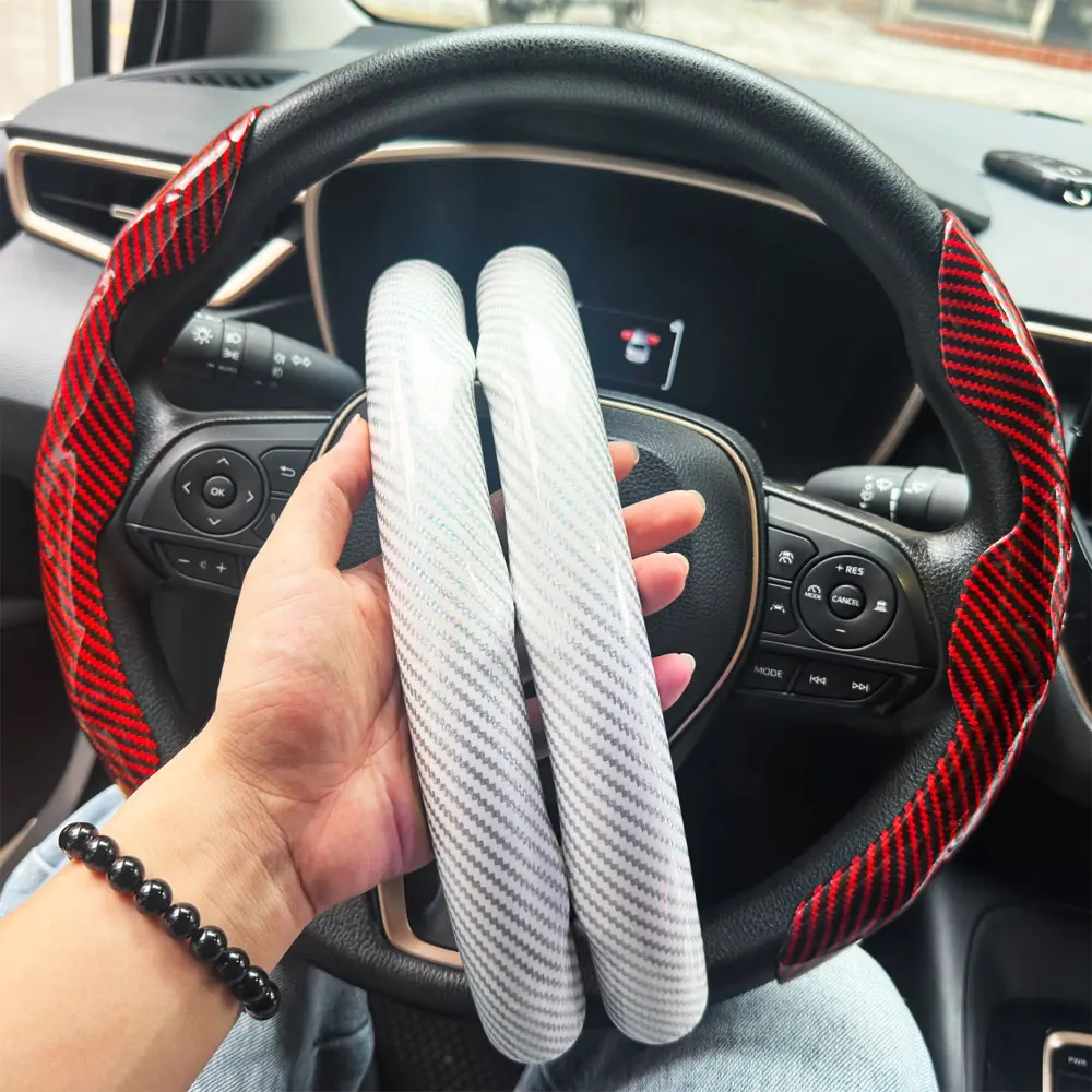 2PCS Auto Lenkrad Abdeckung Warme Winter 38cm Runde Steery Rad Universa Glänzend Laser Carbon Faser Auto Innen zubehör – Detail 4
