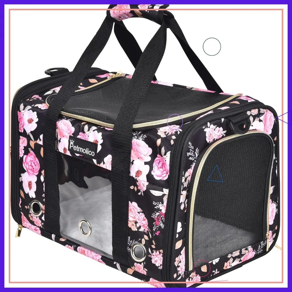 

Soft-Sided Cat Carrier for Small to Medium Cats & Puppies, Airline Approved, 3 Open Doors, Large Pink Peony