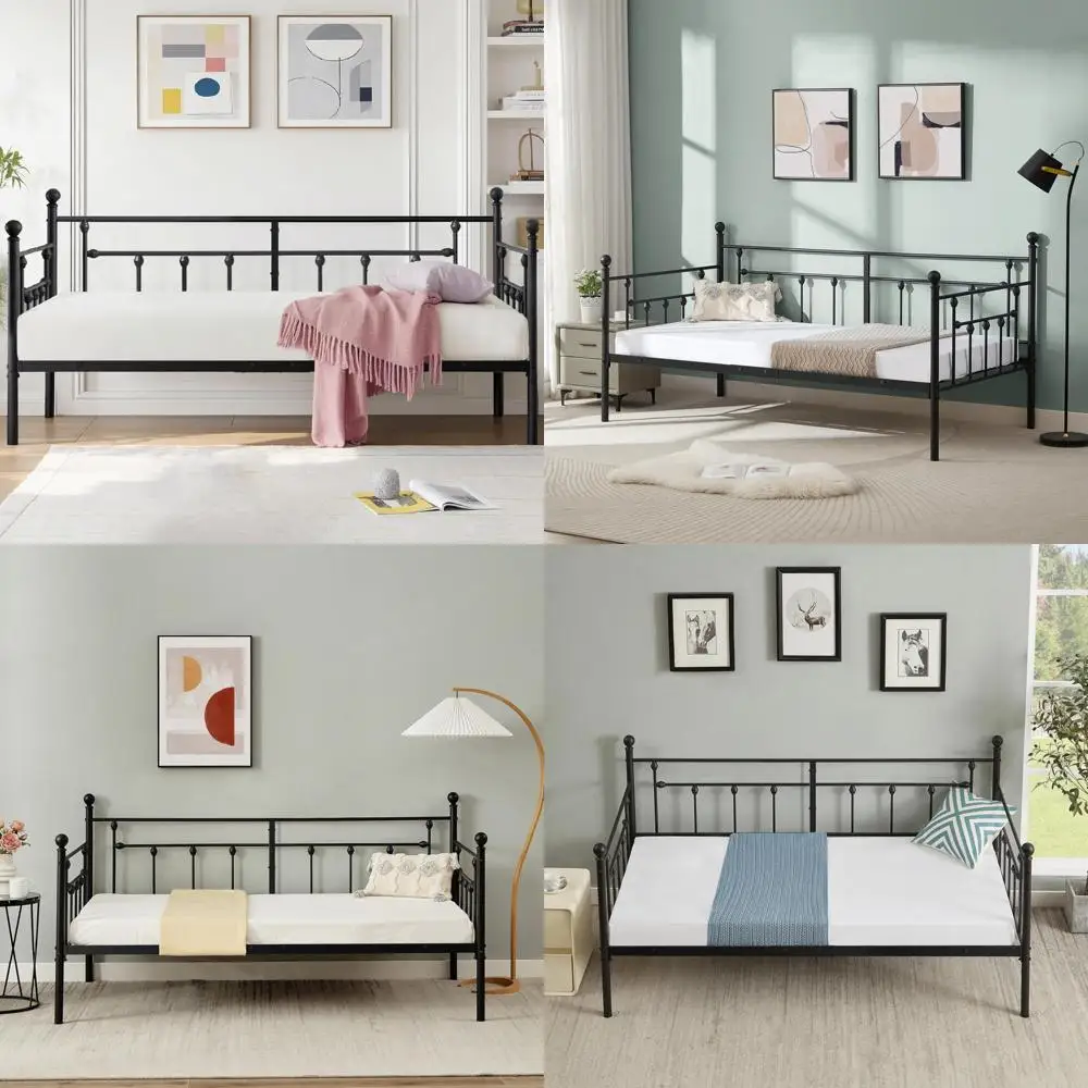 سرير نهاري معدني مزدوج الحجم مع لوح رأسي، وسرير أريكة بمنصة لغرفة المعيشة أو غرفة الضيوف، ودعم شرائح فولاذية شديدة التحمل #1