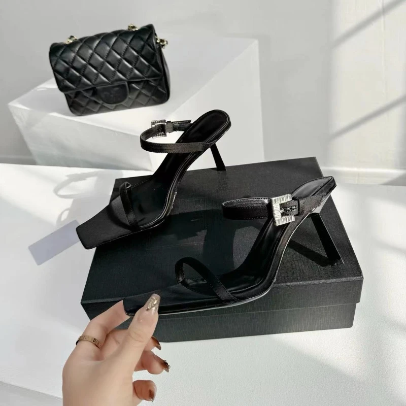 

2025 Summer European and American Square Head One-button Stiletto High Heels Women's Slippers