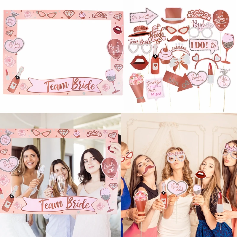 

Wedding Party Photo Booth Props Team Bride Rose Gold Handheld Photo Props Frame Wedding Bridal Shower Hen Party Shooting Prop 8z