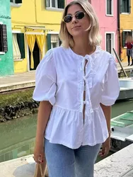 HH Women Causal O Neck Short Puff Sleeve Shirt Sweet White Bow Lace Up Tops 2024 New Fashion Chic Female Streetwear Blouse