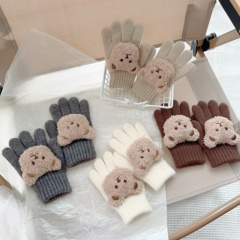 

Autumn Winter Knitted Children Gloves Cute Lamb Fleece Bear Full Finger Gloves For Kids Boys Girls Warm Outdoor Mittens