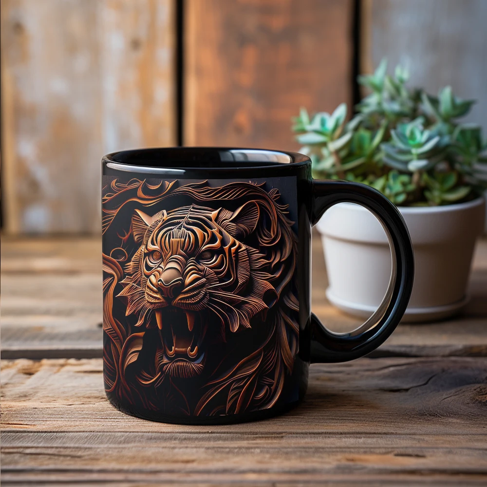 Roaring wooden texture tiger pattern Coffee Mug black ceramic mug boy friend birthday gift father home tea cup