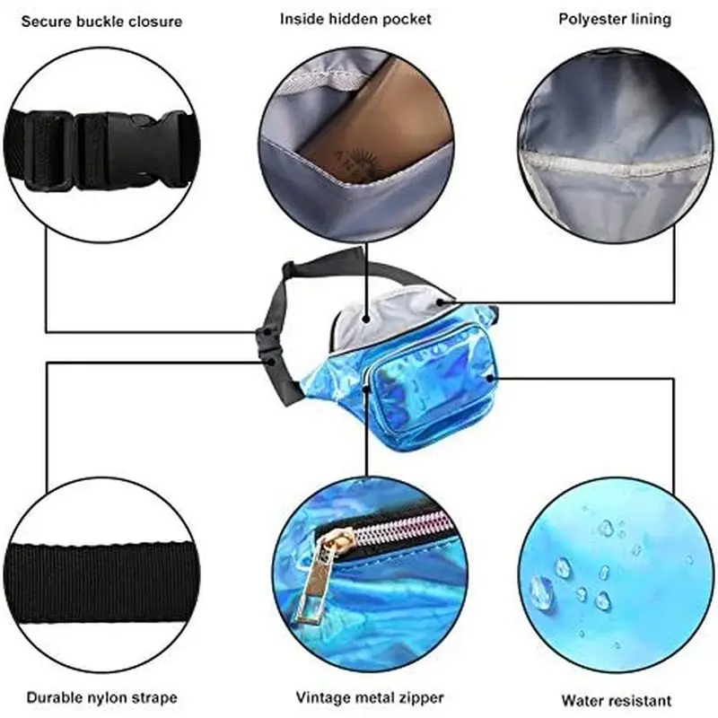 Women\'s and men\'s holographic waist bag waterproof crossbody bag waist bag with multiple pockets and adjustable waist belt