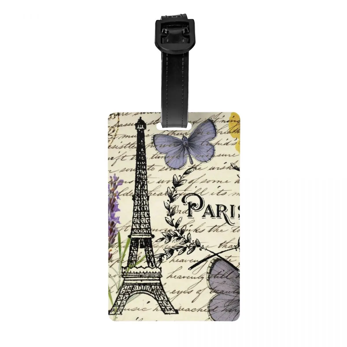 Borboleta Floral Tag Bagagem com cartão de nome, romântico Francês Privacidade Cover, ID Label para Travel Bag Mala, Paris Torre Eiffel