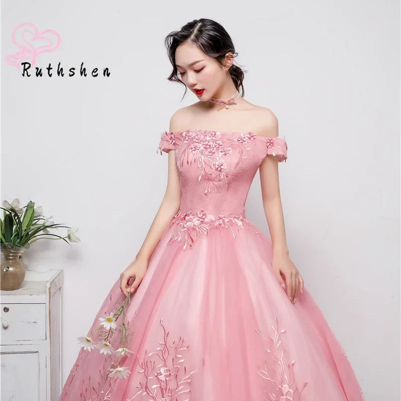 Maßgeschneiderte Ballkleid-Quinceanera-Kleider mit Applikation, schulterfrei, rosa, bauschiges Korsett, Debütantin, Vestido De 15, Sweet-16-Abschlussballkleid