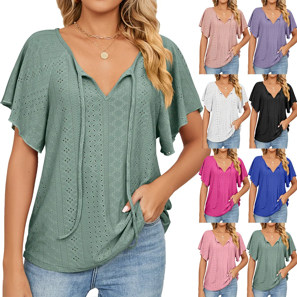 

Ladies Tops Spring and Summer Fashion New Solid Color V-neck Laced Short-sleeved Loose Casual T-shirt Female