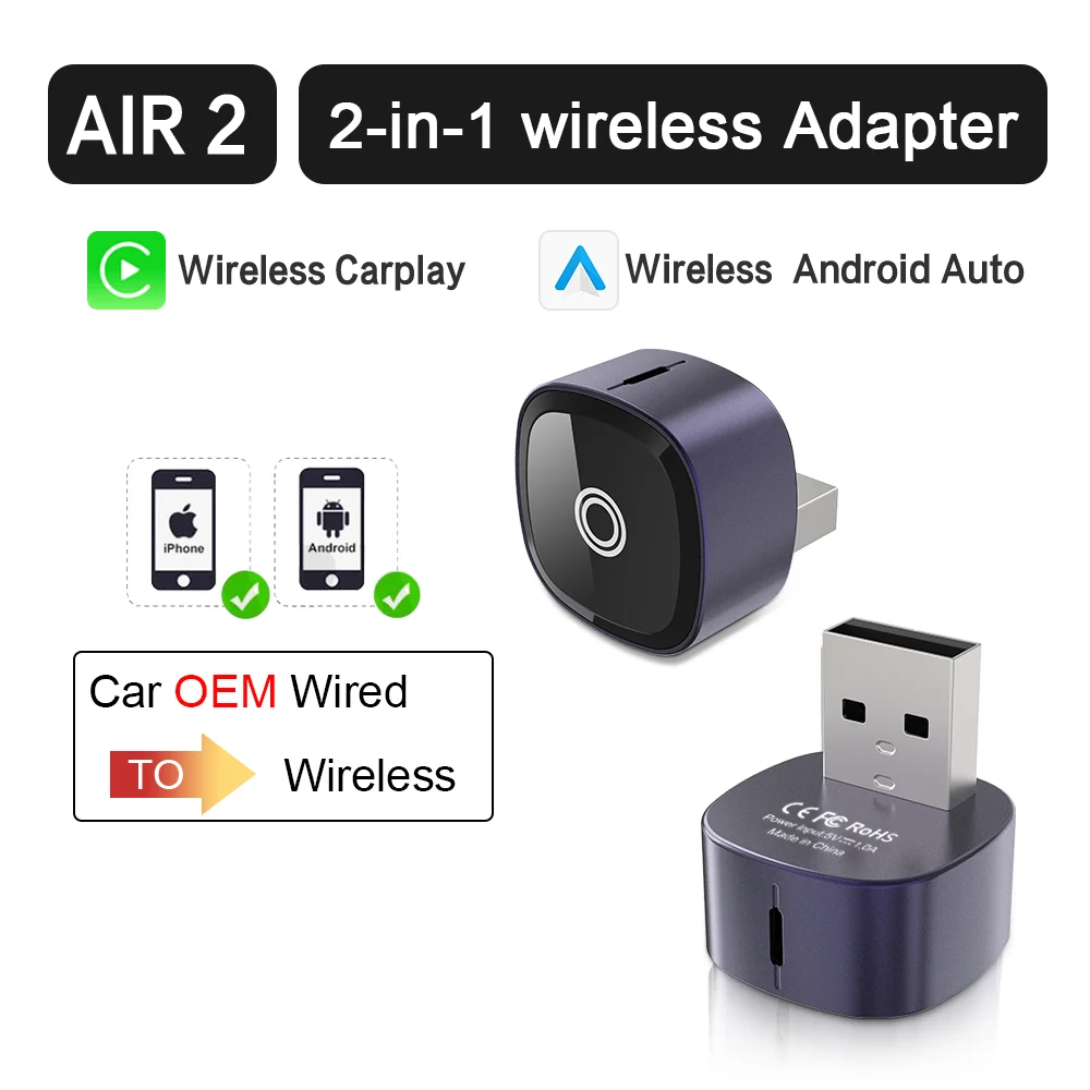 Nieuwe XUDA 2-in-1 draadloze CarPlay-adapter en Android Auto draadloze adapter, 5Ghz WiFi Type-C / USB Plug Play CarPlay Wireless