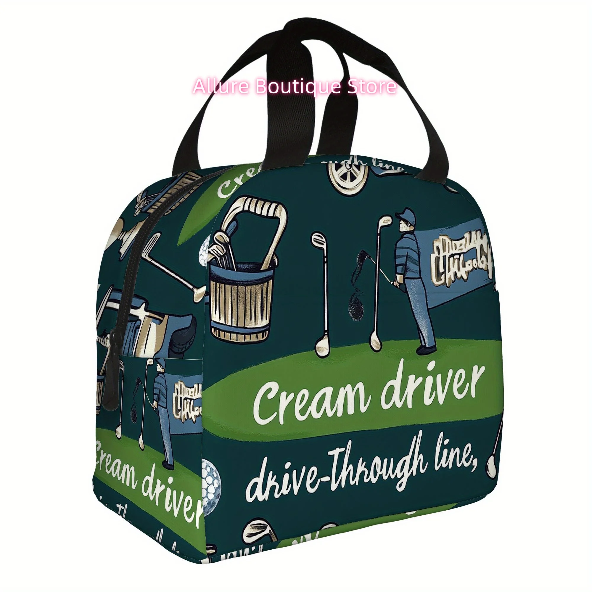A Single Piece Featuring a Golf-Themed Design That Includes Carts, Clubs, And Balls. It Is a Printed Thermal Bag That Is Insulat