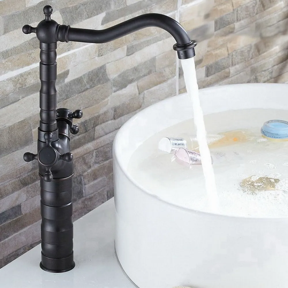 

Black Oil Rubbed Brass Bathroom Basin Faucet Double Handle Swivel Spout Vessel Sink Mixer Tap Bnf021