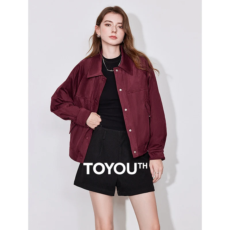 TOYOUTH Women Coat 2024 New Autumn Winter American Style Suede Turn Down Collar Snap Button Ankora Red Cotton Jacket