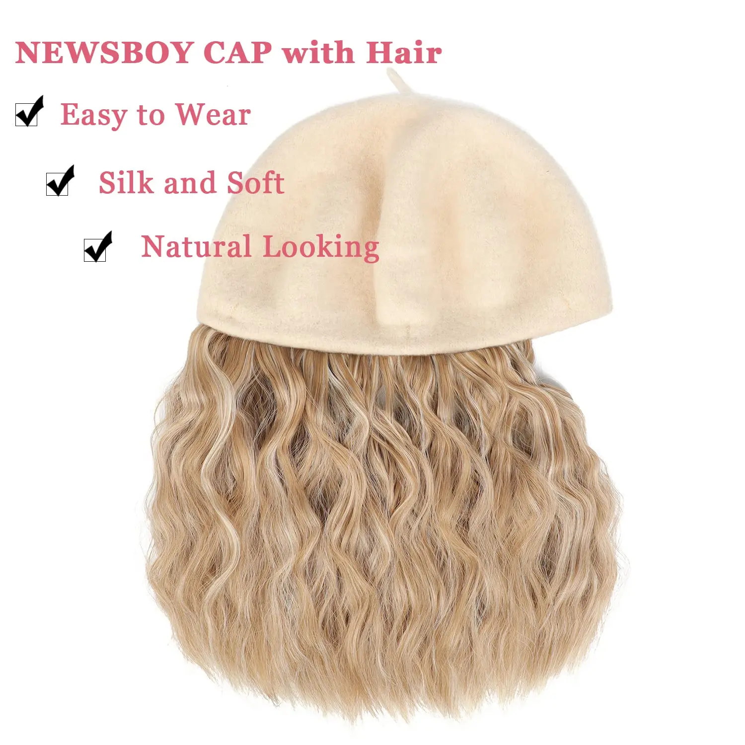 Shangzi Wave Curly Bob Hat Wig Synthetic Wigs Kinky Hat With Hair Extensions Attached 8 Inch Long Wig Hat Beret Cap Apricot