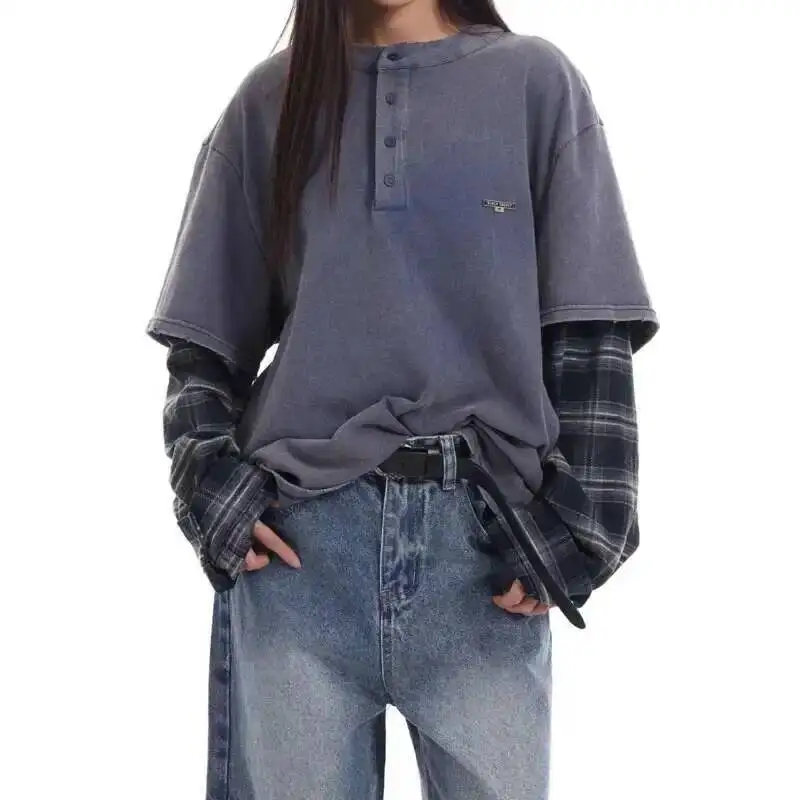 American Retro Fake Two Pieces Plaid Splicing Long-sleeved T-shirt Men Distressed Couple Casual Tops Bottoming Tees CDNAJ