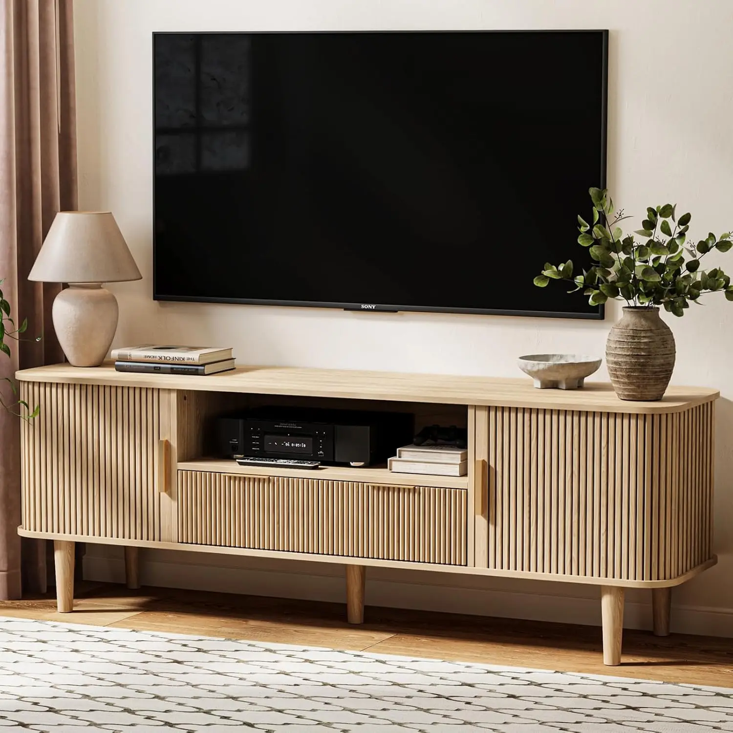 62.4 Inch Fluted TV Stand Modern Media Console Fits TVs Up To 75
