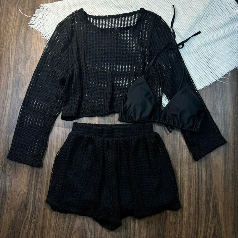 Loose Long Sleeve Swimsuit Pullover Hollow Out Crochet Knit Bathing Suit Sun Protection Beachwear Three Pieces Set Swimwear