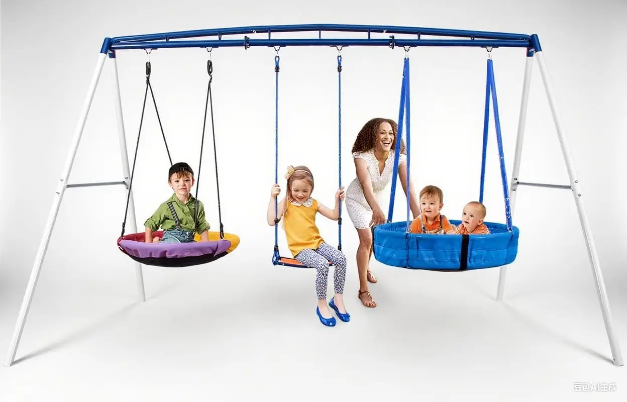 

3-in-1 Heavy Duty Metal Swing Set | Reinforced A-Frame Backyard Playset with 39" Toddler Barrel Swing, 32" Saucer & 19" Square S
