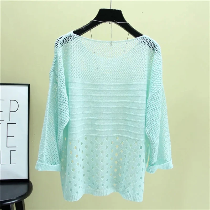 Hollow Out Thin Oversized Knitted Tops O-neck Lightweight Casual Tees Summer Korean Fashion T-shirt Long Sleeve Women Camisetas