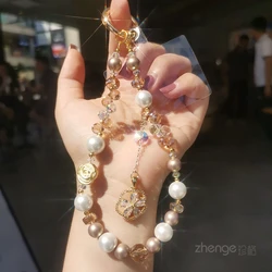 Camellia Pearl Flower Mobile Phone Chain Handmade Beaded Chain Women's Small Fragrance Wrist Hanging Ornaments  Phone Charm