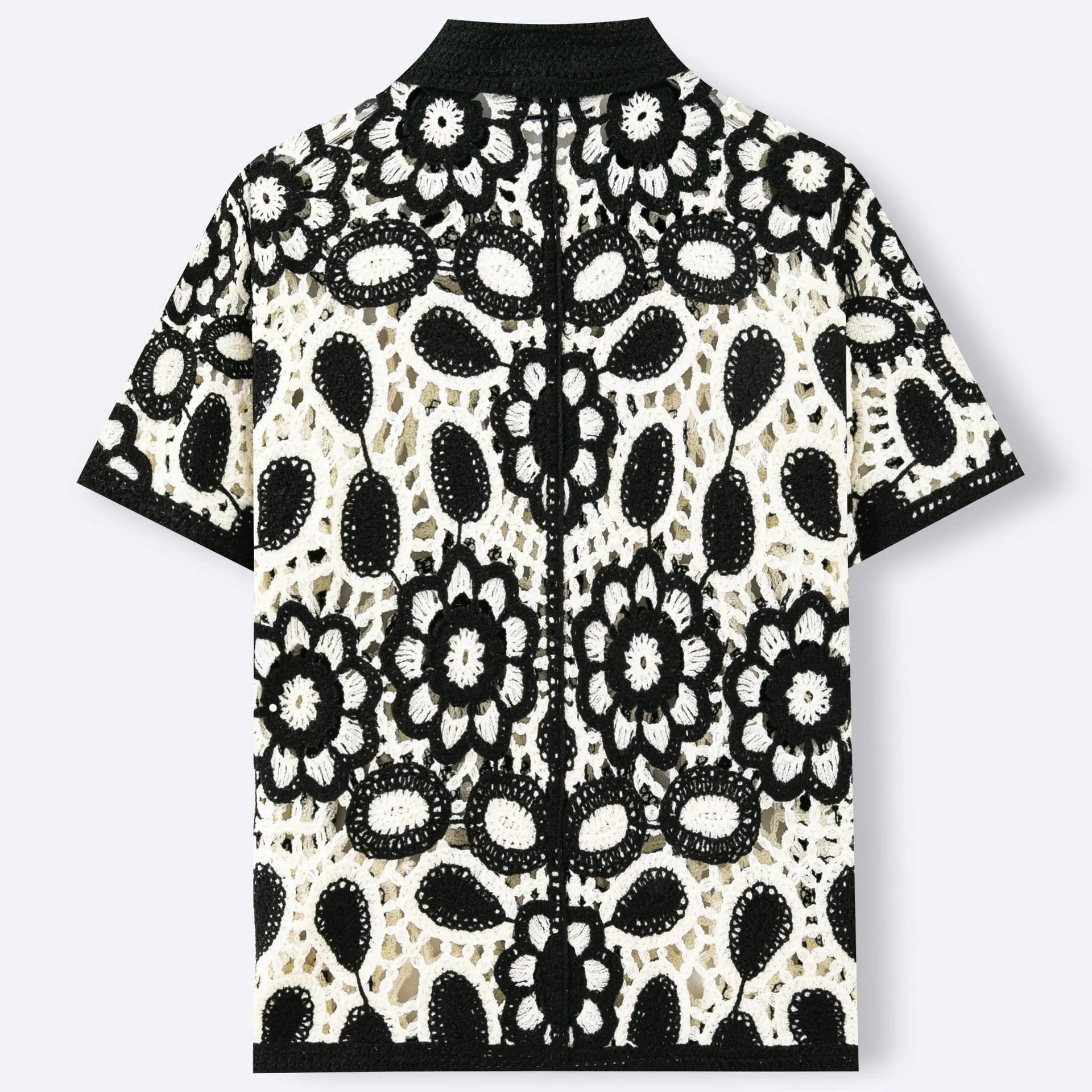 Hollow out short sleeved knitted shirt, black and white color blocked crochet casual cardigan top, polo shirt, men's clothing