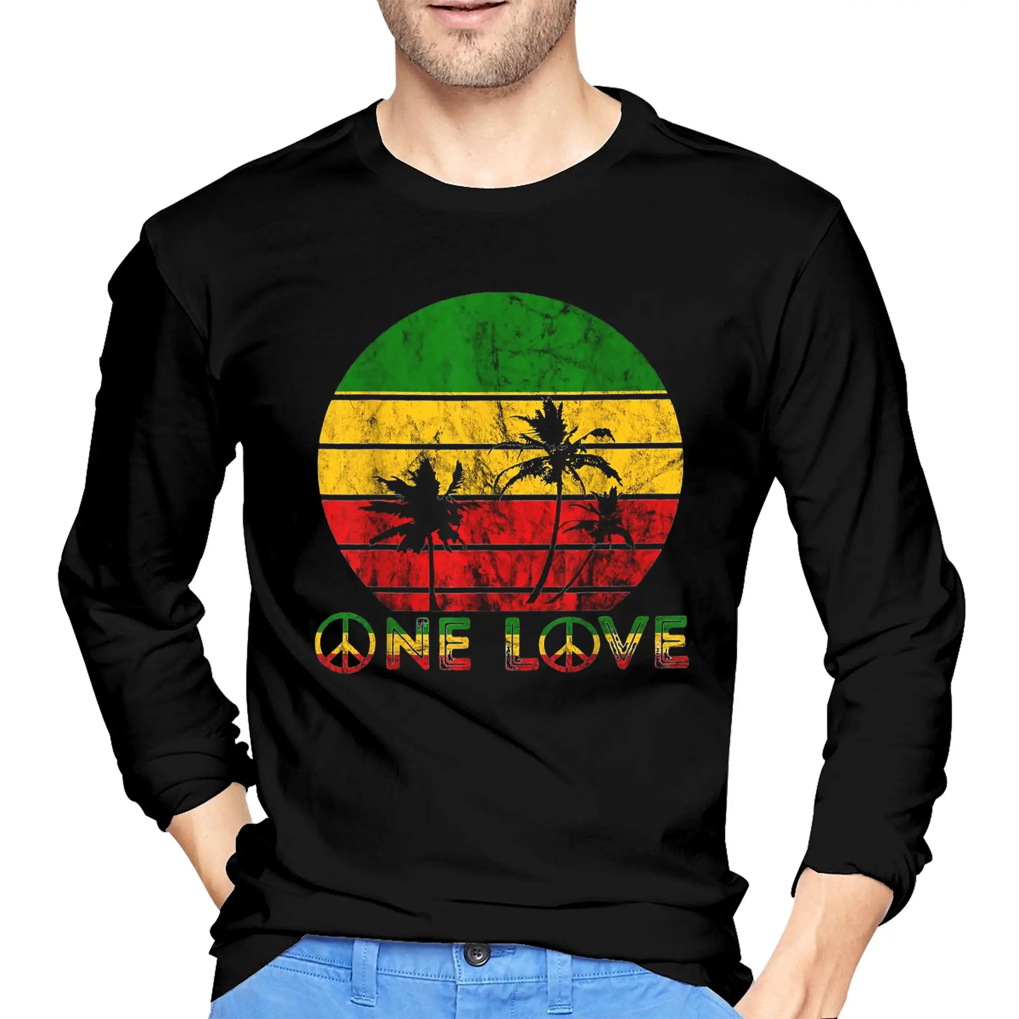 

Harajuku Vintage Style Arts Bob Marley One Love Мужская футболка с длинными рукавами и круглым вырезом Весенние и осенние мужские топы